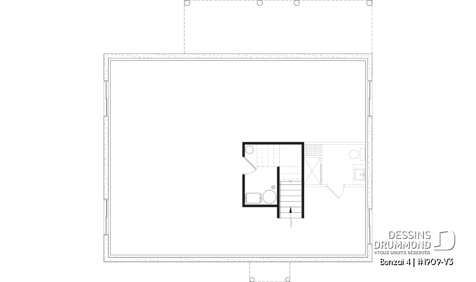 Sous-sol aménageable (Optionel $) - Plan de chalet moderne plain-pied avec 3 chambres, dalle flottante et foyer extérieur - Bonzai 4