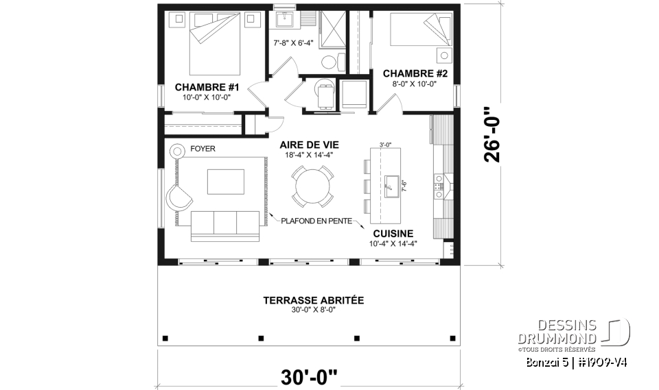 Rez-de-chaussée - Plan de chalet moderne plain-pied économique avec 2 chambres et grand balcon couvert - Bonzai 5