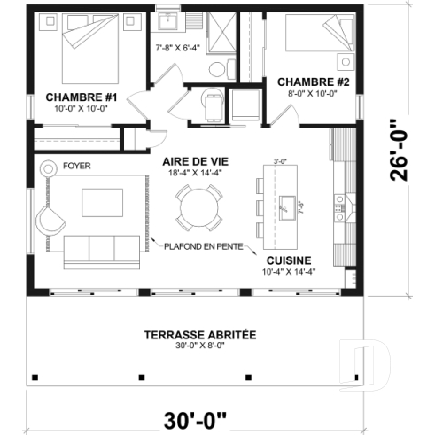 Rez-de-chaussée - Plan de chalet moderne plain-pied économique avec 2 chambres et grand balcon couvert - Bonzai 5