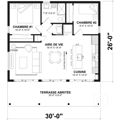 Rez-de-chaussée - Plan de chalet moderne plain-pied économique avec 2 chambres et grand balcon couvert - Bonzai 5
