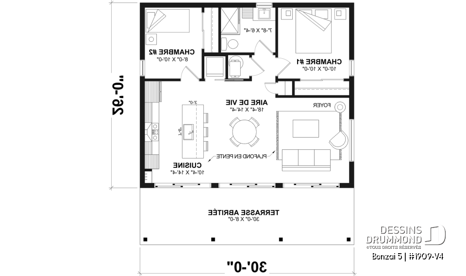 Rez-de-chaussée - Plan de chalet moderne plain-pied économique avec 2 chambres et grand balcon couvert - Bonzai 5