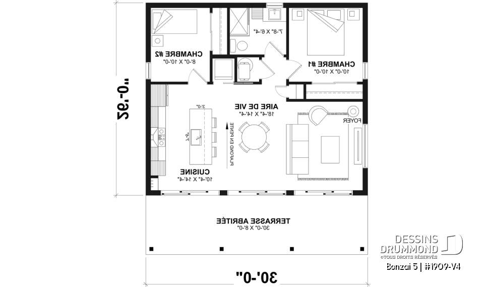 Rez-de-chaussée - Plan de chalet moderne plain-pied économique avec 2 chambres et grand balcon couvert - Bonzai 5