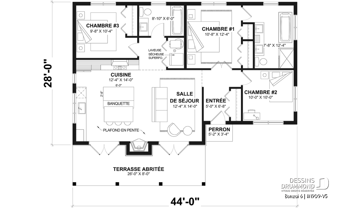 Rez-de-chaussée - Plan de chalet moderne rustique plain-pied avec 3 chambres, foyer central, dalle et grande terrasse couverte - Bonzai 6