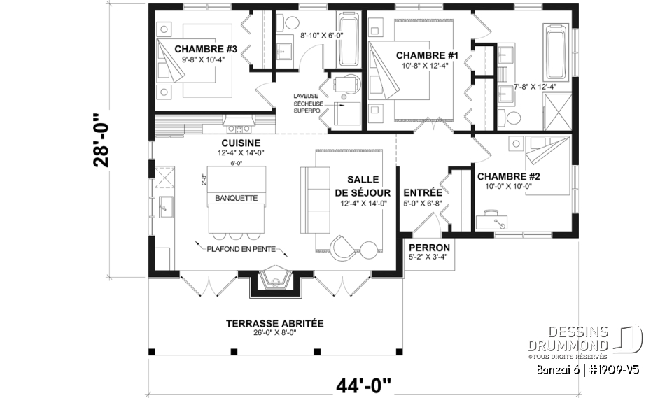 Rez-de-chaussée - Plan de chalet moderne rustique plain-pied avec 3 chambres, foyer central, dalle et grande terrasse couverte - Bonzai 6