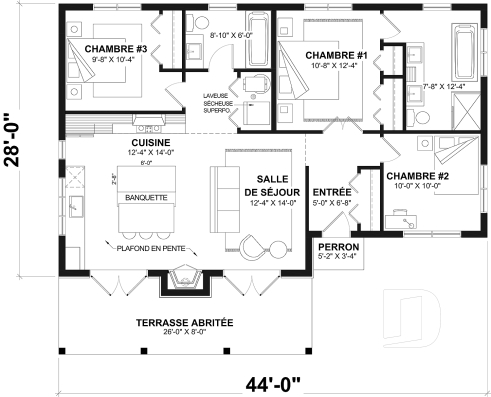 Rez-de-chaussée - Plan de chalet moderne rustique plain-pied avec 3 chambres, foyer central, dalle et grande terrasse couverte - Bonzai 6