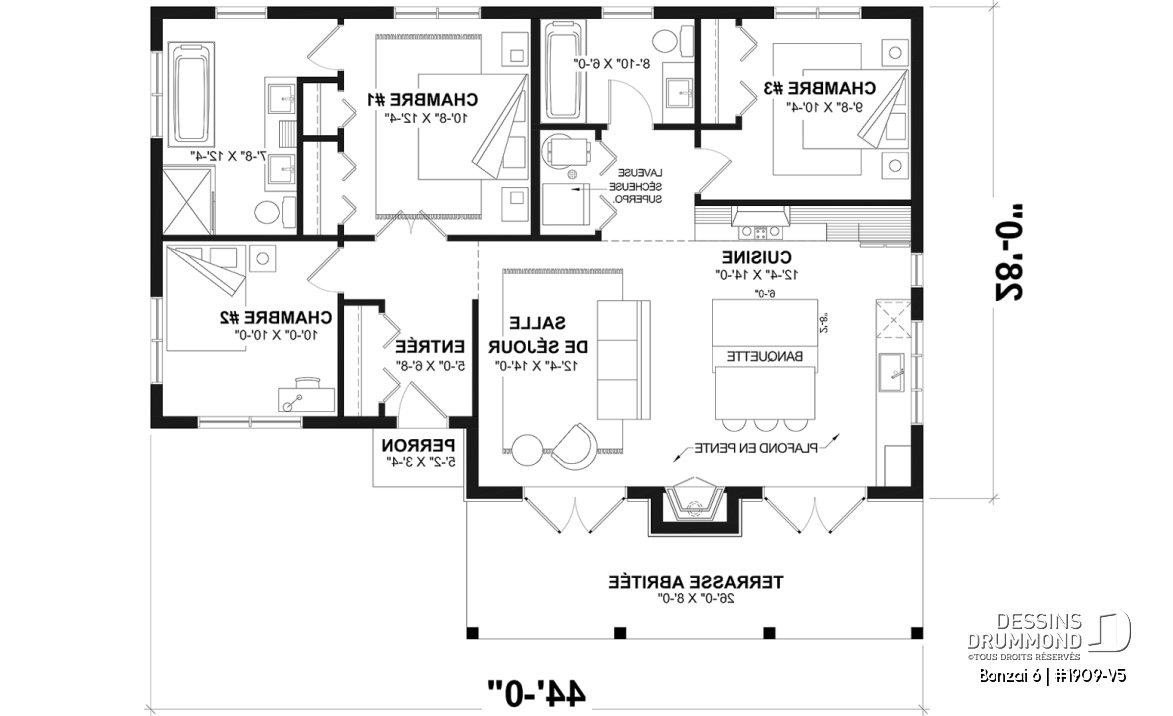 Rez-de-chaussée - Plan de chalet moderne rustique plain-pied avec 3 chambres, foyer central, dalle et grande terrasse couverte - Bonzai 6