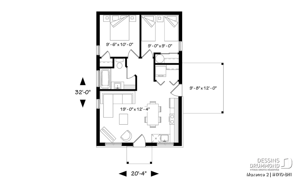 Rez-de-chaussée - Plan de maison moderne rustique, 2 chambres, aire ouverte à la cuisine et salle familiale, grand patio couvert - Maxence 2