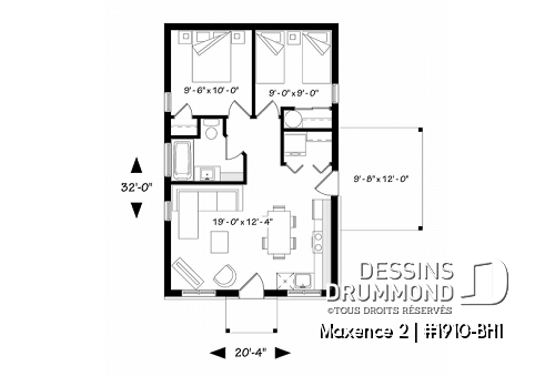 Rez-de-chaussée - Plan de maison moderne rustique, 2 chambres, aire ouverte à la cuisine et salle familiale, grand patio couvert - Maxence 2