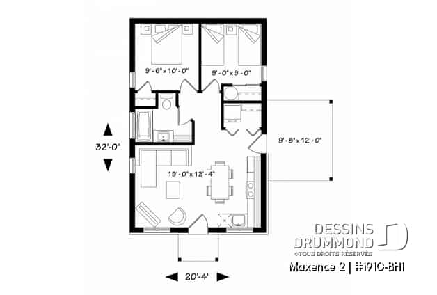 Rez-de-chaussée - Plan de maison moderne rustique, 2 chambres, aire ouverte à la cuisine et salle familiale, grand patio couvert - Maxence 2