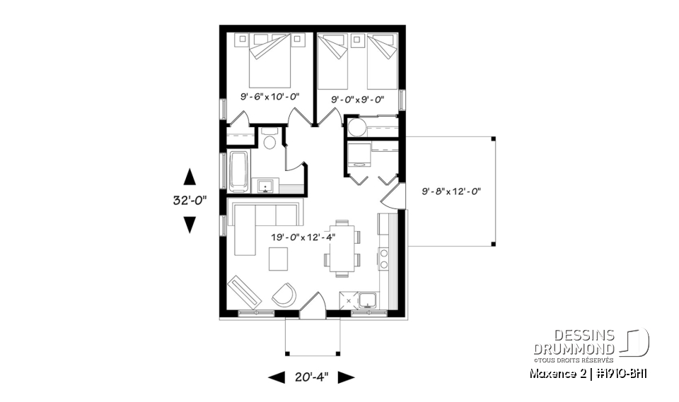 Rez-de-chaussée - Plan de maison moderne rustique, 2 chambres, aire ouverte à la cuisine et salle familiale, grand patio couvert - Maxence 2