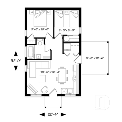Rez-de-chaussée - Plan de maison moderne rustique, 2 chambres, aire ouverte à la cuisine et salle familiale, grand patio couvert - Maxence 2