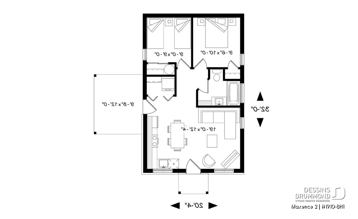 Rez-de-chaussée - Plan de maison moderne rustique, 2 chambres, aire ouverte à la cuisine et salle familiale, grand patio couvert - Maxence 2