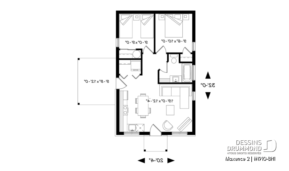 Rez-de-chaussée - Plan de maison moderne rustique, 2 chambres, aire ouverte à la cuisine et salle familiale, grand patio couvert - Maxence 2