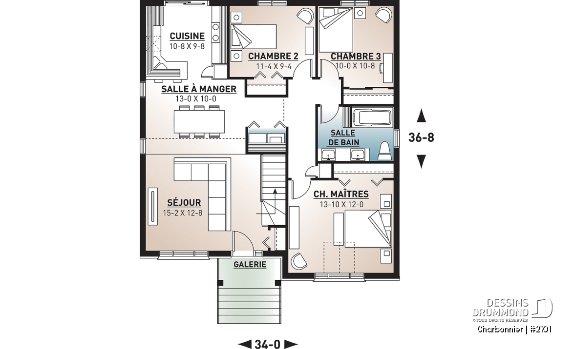 Rez-de-chaussée - Plan plain-pied économique 3 chambres, plafond cathédrale, salle lavage au rez-de-chaussée - Charbonnier