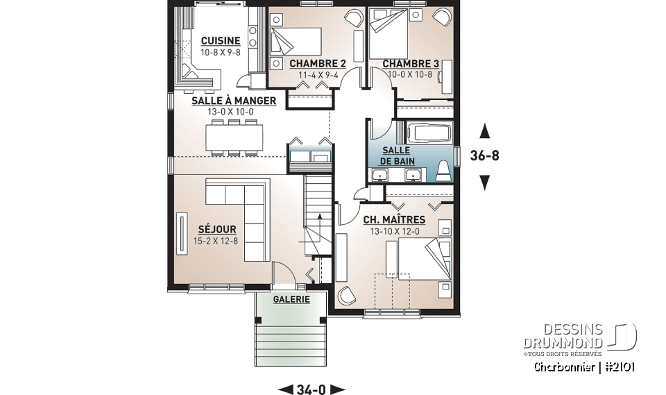 Rez-de-chaussée - Plan plain-pied économique 3 chambres, plafond cathédrale, salle lavage au rez-de-chaussée - Charbonnier