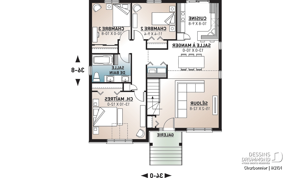 Rez-de-chaussée - Plan plain-pied économique 3 chambres, plafond cathédrale, salle lavage au rez-de-chaussée - Charbonnier