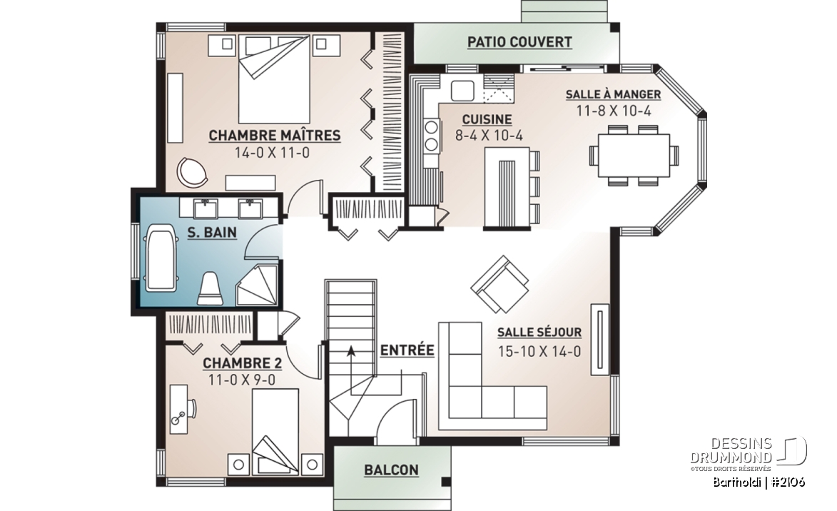 Rez-de-chaussée - Plan de plain-pied 2 chambres, cuisine avec îlot et beaucoup de fenêtres, salle de bain à 2 lavabos, patio - Bartholdi