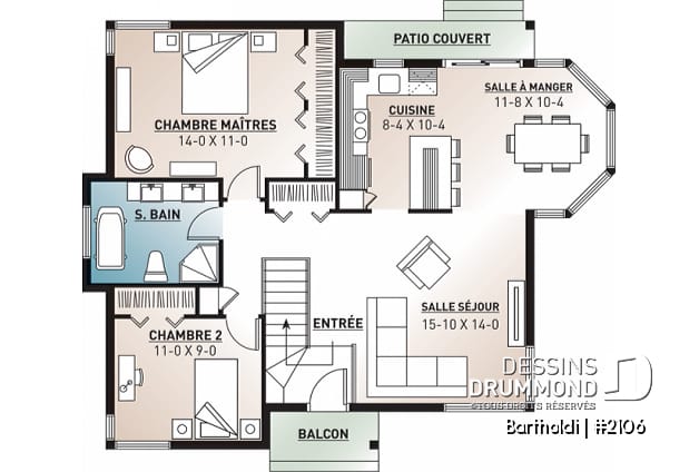 Rez-de-chaussée - Plan de plain-pied 2 chambres, cuisine avec îlot et beaucoup de fenêtres, salle de bain à 2 lavabos, patio - Bartholdi