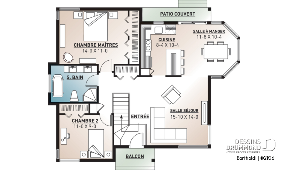 Rez-de-chaussée - Plan de plain-pied 2 chambres, cuisine avec îlot et beaucoup de fenêtres, salle de bain à 2 lavabos, patio - Bartholdi