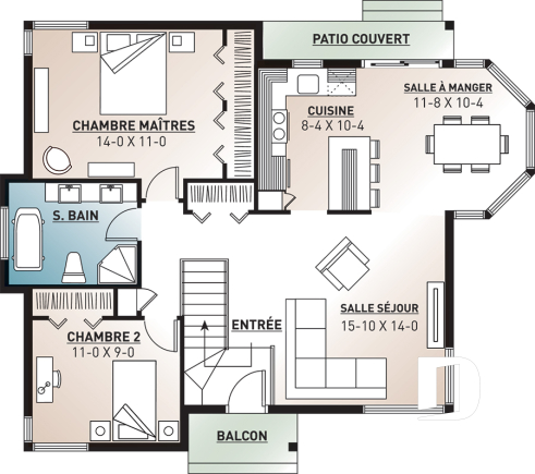 Rez-de-chaussée - Plan de plain-pied 2 chambres, cuisine avec îlot et beaucoup de fenêtres, salle de bain à 2 lavabos, patio - Bartholdi
