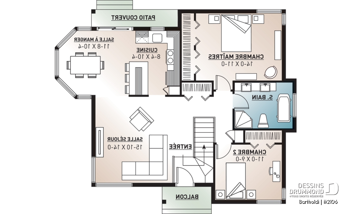 Rez-de-chaussée - Plan de plain-pied 2 chambres, cuisine avec îlot et beaucoup de fenêtres, salle de bain à 2 lavabos, patio - Bartholdi