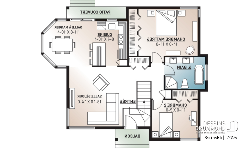Rez-de-chaussée - Plan de plain-pied 2 chambres, cuisine avec îlot et beaucoup de fenêtres, salle de bain à 2 lavabos, patio - Bartholdi