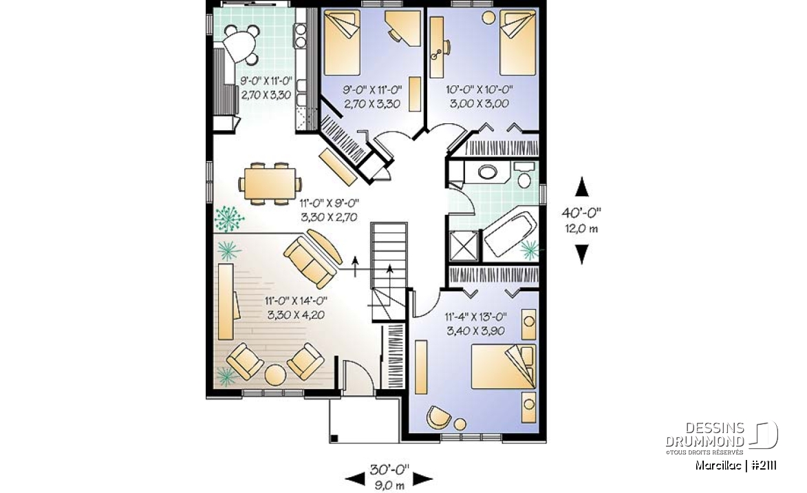Rez-de-chaussée - Plan de bungalow de 3 chambres pour petit budget, fenestration abondante, salon en contrebas - Marcillac