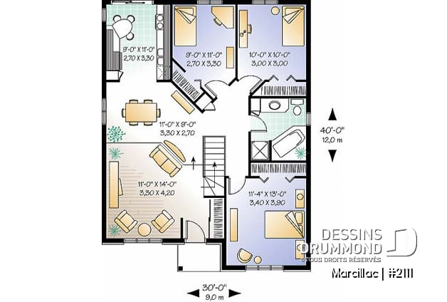 Rez-de-chaussée - Plan de bungalow de 3 chambres pour petit budget, fenestration abondante, salon en contrebas - Marcillac