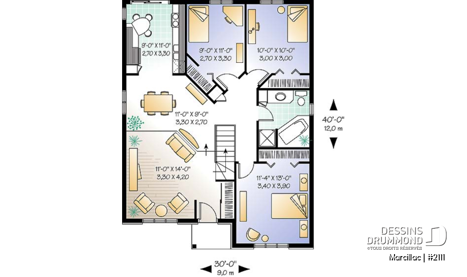 Rez-de-chaussée - Plan de bungalow de 3 chambres pour petit budget, fenestration abondante, salon en contrebas - Marcillac