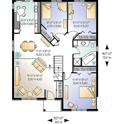 Rez-de-chaussée - Plan de bungalow de 3 chambres pour petit budget, fenestration abondante, salon en contrebas - Marcillac