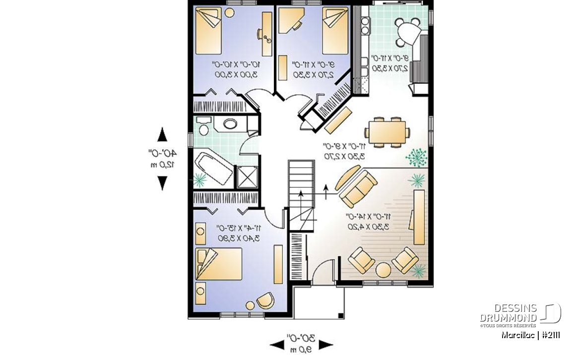 Rez-de-chaussée - Plan de bungalow de 3 chambres pour petit budget, fenestration abondante, salon en contrebas - Marcillac