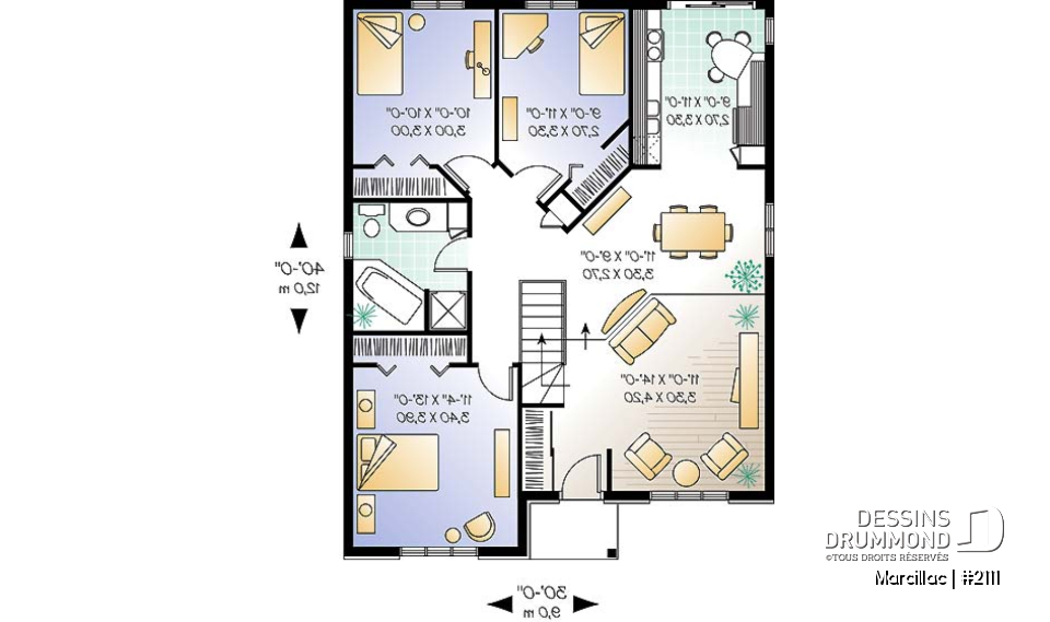 Rez-de-chaussée - Plan de bungalow de 3 chambres pour petit budget, fenestration abondante, salon en contrebas - Marcillac