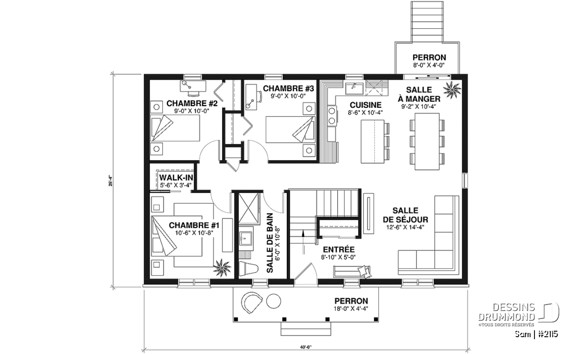 Rez-de-chaussée - Modèle économique de plain-pied 3 chambres au même plancher, espace ouvert, walk-in chambre des parents - Sam
