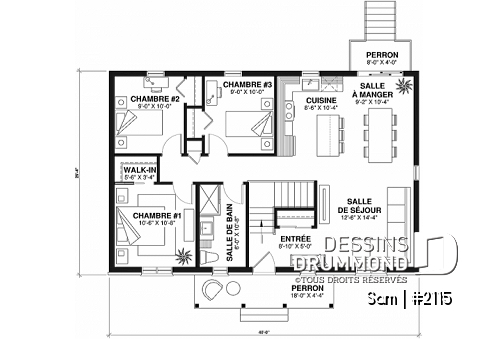 Rez-de-chaussée - Plan de maison plain-pied 3 chambres, économique, espace ouvert, walk-in chambre des parents - Sam