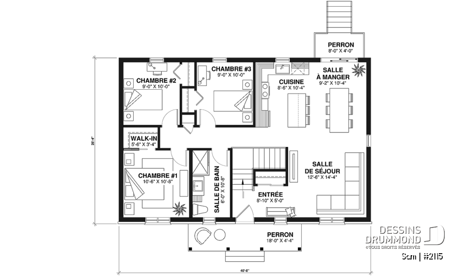 Rez-de-chaussée - Modèle économique de plain-pied 3 chambres au même plancher, espace ouvert, walk-in chambre des parents - Sam