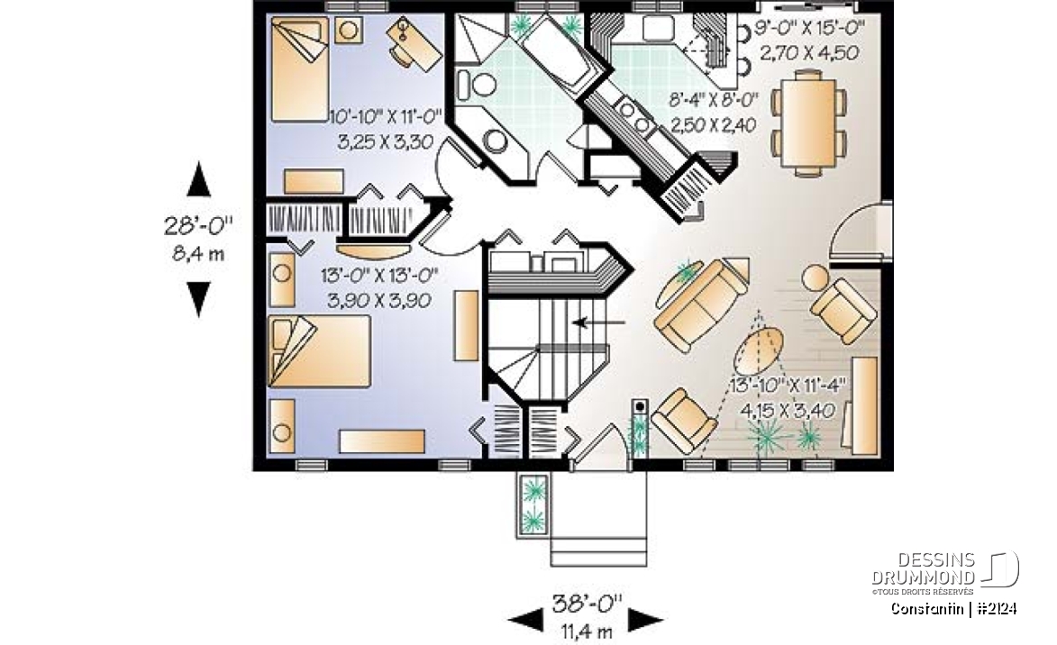 Rez-de-chaussée - Plan de maison de plain-pied pour petit budget, 2 chambres, entrée accueillante, beau look contemporain - Constantin