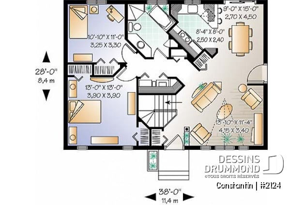 Rez-de-chaussée - Plan de maison de plain-pied pour petit budget, 2 chambres, entrée accueillante, beau look contemporain - Constantin