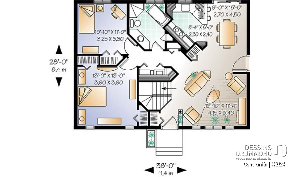 Rez-de-chaussée - Plan de maison de plain-pied pour petit budget, 2 chambres, entrée accueillante, beau look contemporain - Constantin
