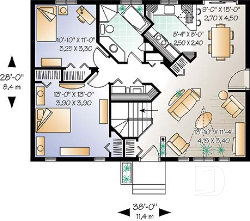 Rez-de-chaussée - Plan de maison de plain-pied pour petit budget, 2 chambres, entrée accueillante, beau look contemporain - Constantin