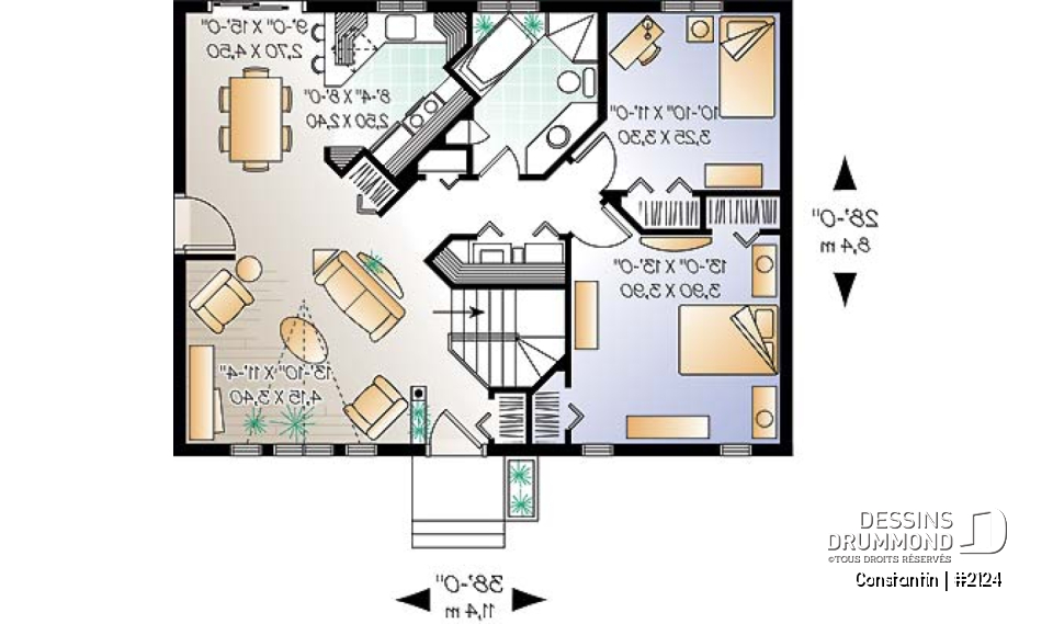 Rez-de-chaussée - Plan de maison de plain-pied pour petit budget, 2 chambres, entrée accueillante, beau look contemporain - Constantin