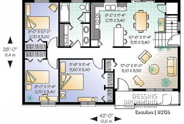 Rez-de-chaussée - Plan de maison 3 chambres, plain-pied chapêtre, salle de lavage au rdc., grande cuisine - Beaulieu