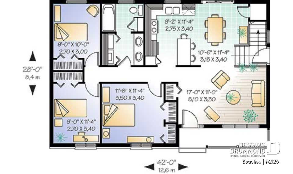 Rez-de-chaussée - Plan de maison 3 chambres, plain-pied chapêtre, salle de lavage au rdc., grande cuisine - Beaulieu