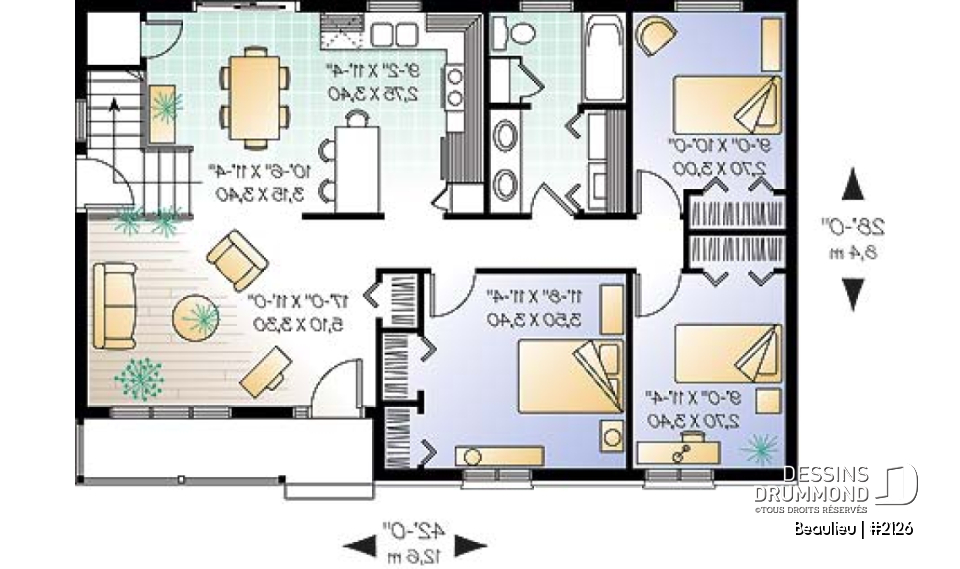 Rez-de-chaussée - Plan de maison 3 chambres, plain-pied chapêtre, salle de lavage au rdc., grande cuisine - Beaulieu