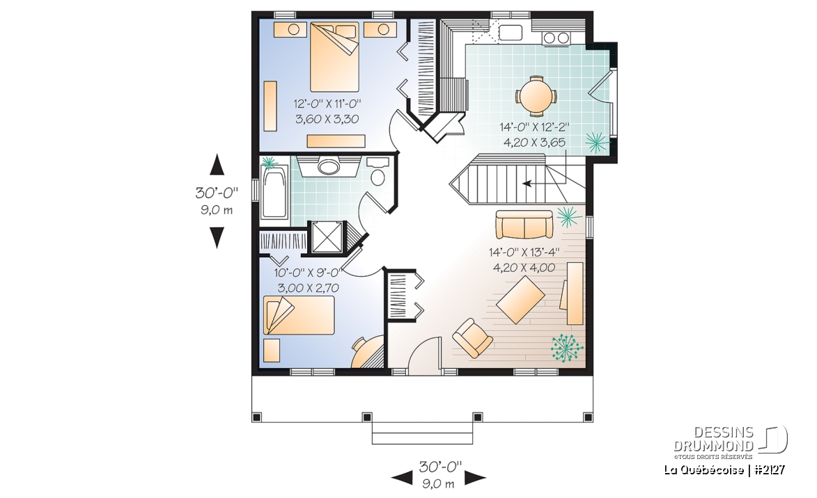 Rez-de-chaussée - Plan de maison abordable 2 chambres, style campagne, galerie avant couverte, aire ouverte, sous-sol à aménager - La Québécoise
