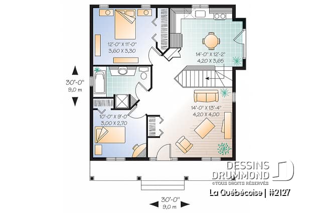 Rez-de-chaussée - Plan de maison abordable 2 chambres, style campagne, galerie avant couverte, aire ouverte, sous-sol à aménager - La Québécoise