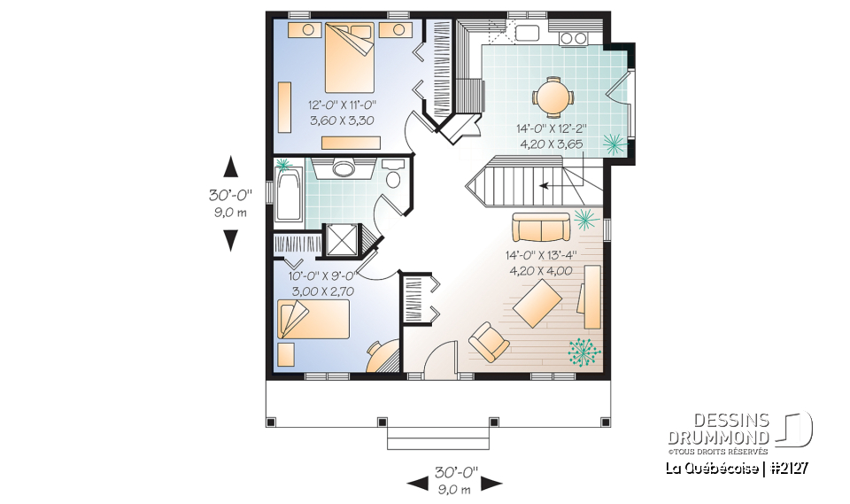 Rez-de-chaussée - Plan de maison abordable 2 chambres, style campagne, galerie avant couverte, aire ouverte, sous-sol à aménager - La Québécoise