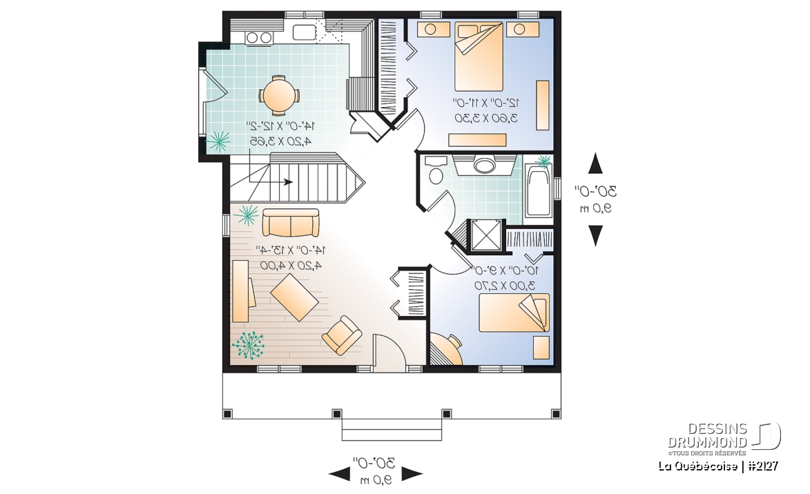Rez-de-chaussée - Plan de maison abordable 2 chambres, style campagne, galerie avant couverte, aire ouverte, sous-sol à aménager - La Québécoise