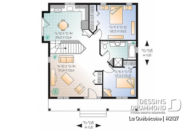Rez-de-chaussée - Plan de maison abordable 2 chambres, style campagne, galerie avant couverte, aire ouverte, sous-sol à aménager - La Québécoise