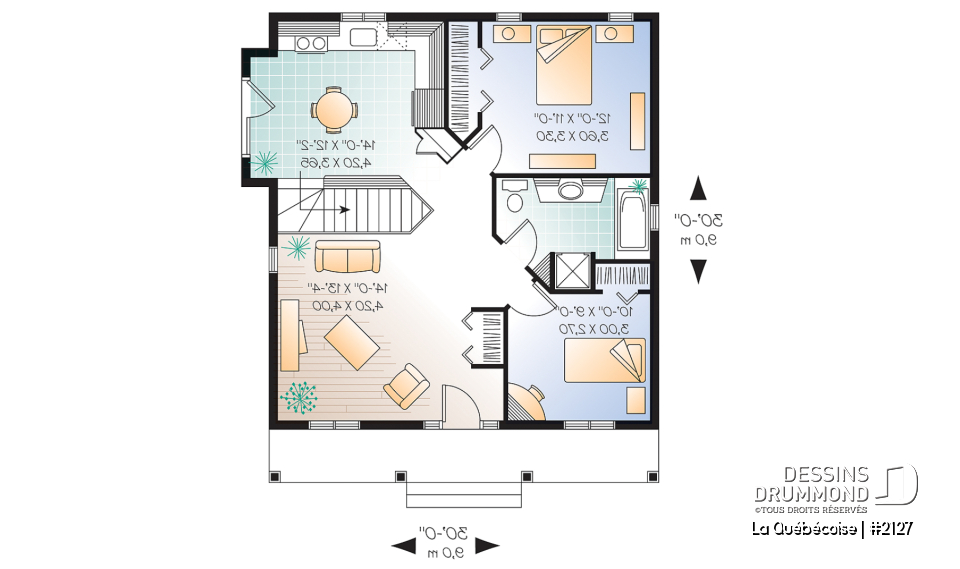 Rez-de-chaussée - Plan de maison abordable 2 chambres, style campagne, galerie avant couverte, aire ouverte, sous-sol à aménager - La Québécoise