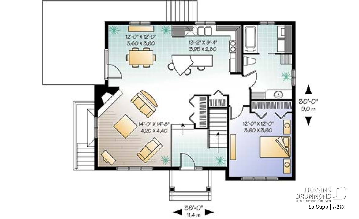 Rez-de-chaussée - Plan de plain-pied champêtre 1 à 3 chambres (2 au s-sol), 2 séjours, foyer, vestibule, accès privé au s-sol - Le Cape